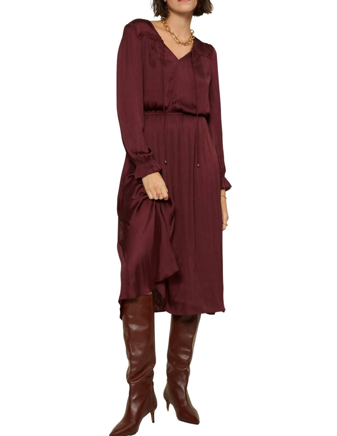 Satin Vneck Long Sleeve Dress