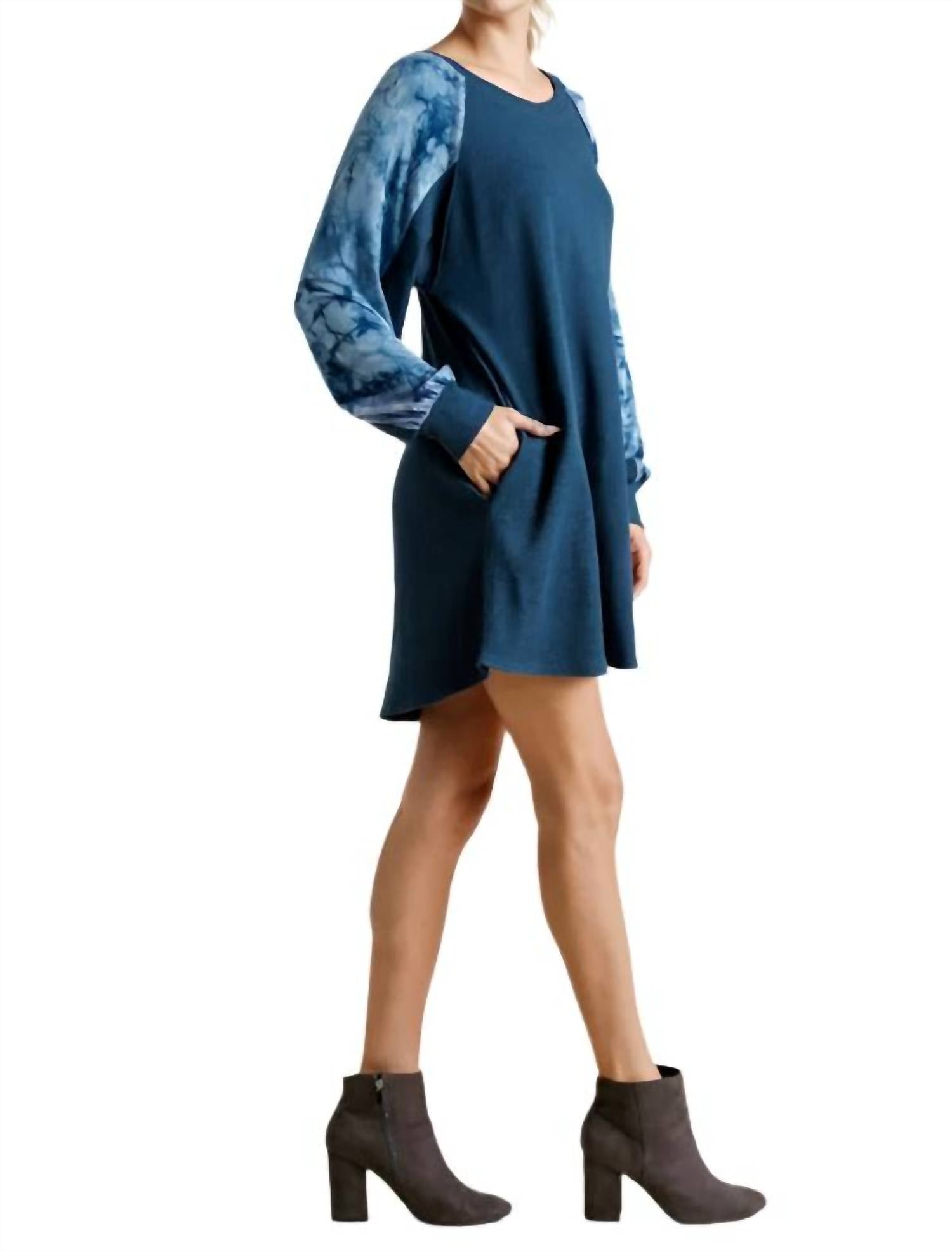 umgee waffle knit dress Tie Dye Raglan Sleeve Waffle Knit Dress In Blue