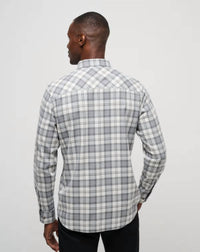 TravisMathew Cloud Flannel Plaid Shirt in vanilla ice quiet shade - men's shirt - detail view