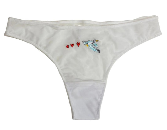 Love & Swans - Women's Mesh Thong With Bird & Heart Embroidery