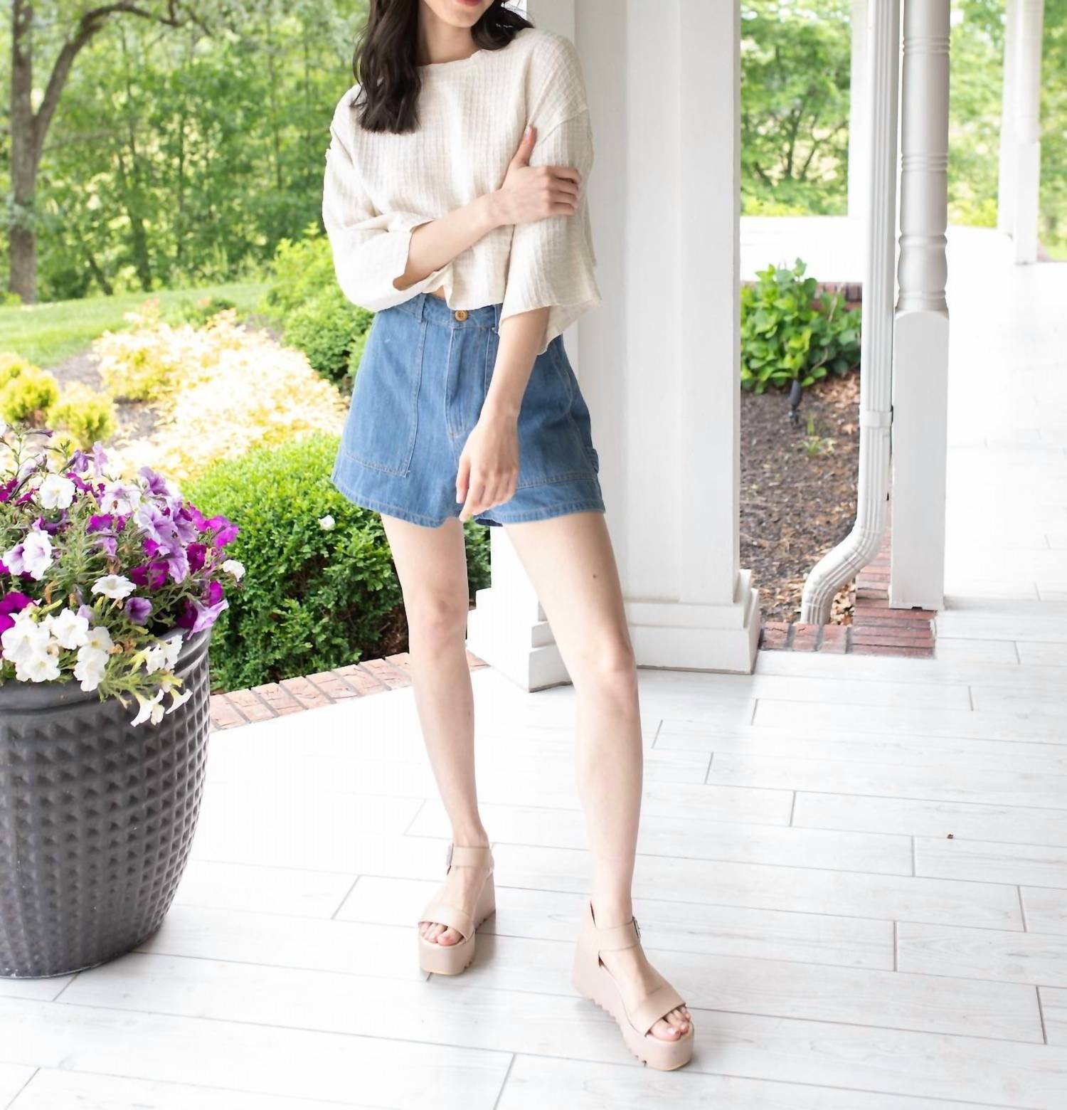 GRADE & GATHER Effortless Crew Neck Top in beige - women's t-shirt - view 4