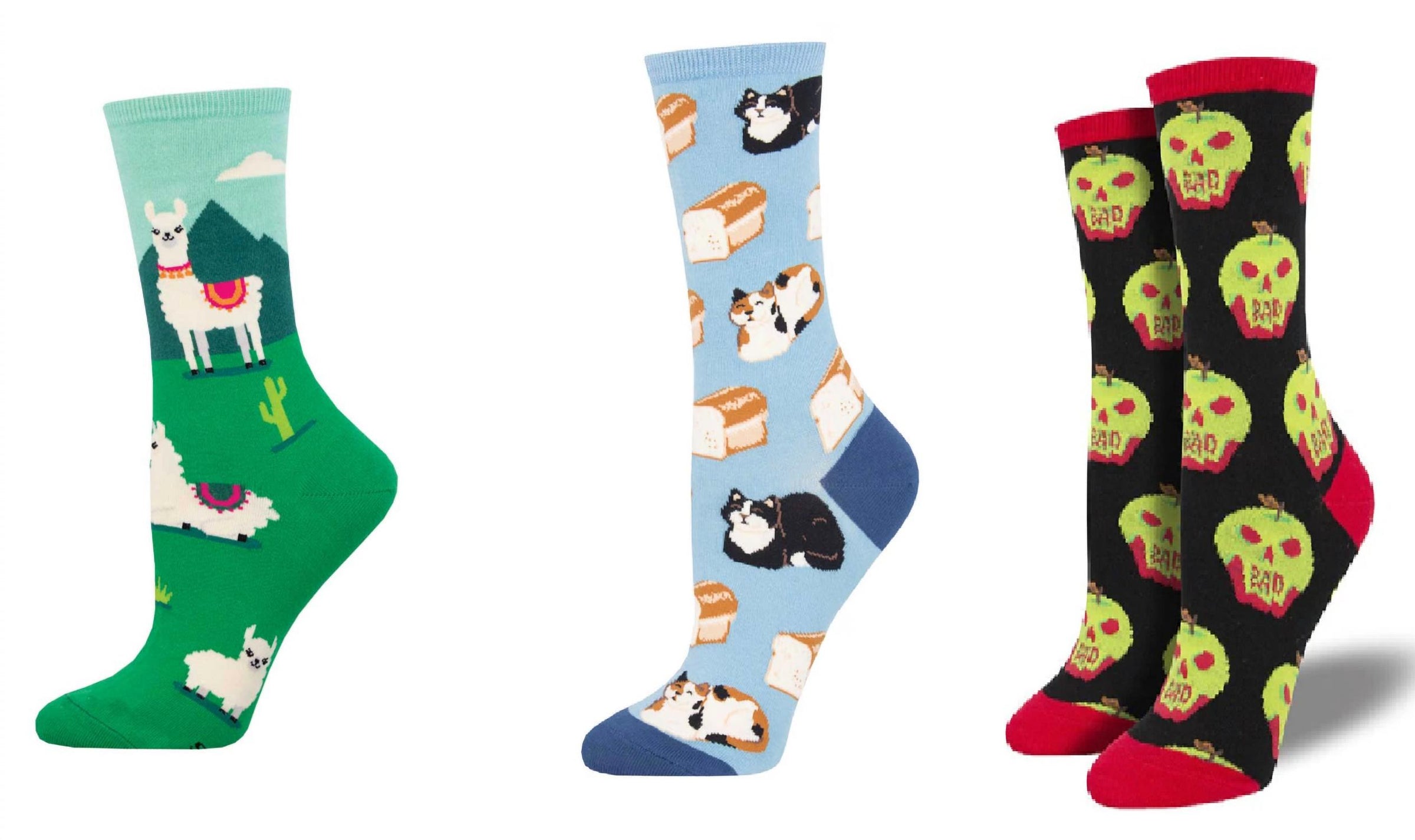 Socksmith - Women's Yo Llama & Cat Loaf & Bad Apple Socks - Set Of 3 Pair