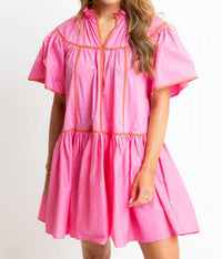 Karlie - Solid Contrast Embroidered V Neck Tier Dress