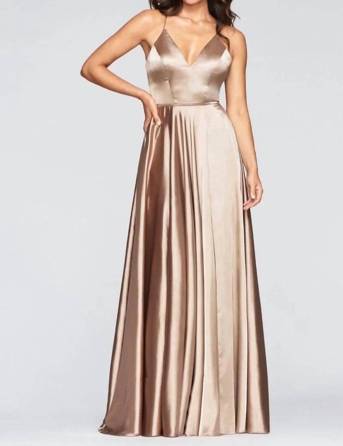 FAVIANA Charmeuse V-Neck Dress with Lace Up Back in mocha - women's dress - detail view