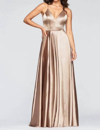 FAVIANA Charmeuse V-Neck Dress with Lace Up Back in mocha - women's dress - detail view