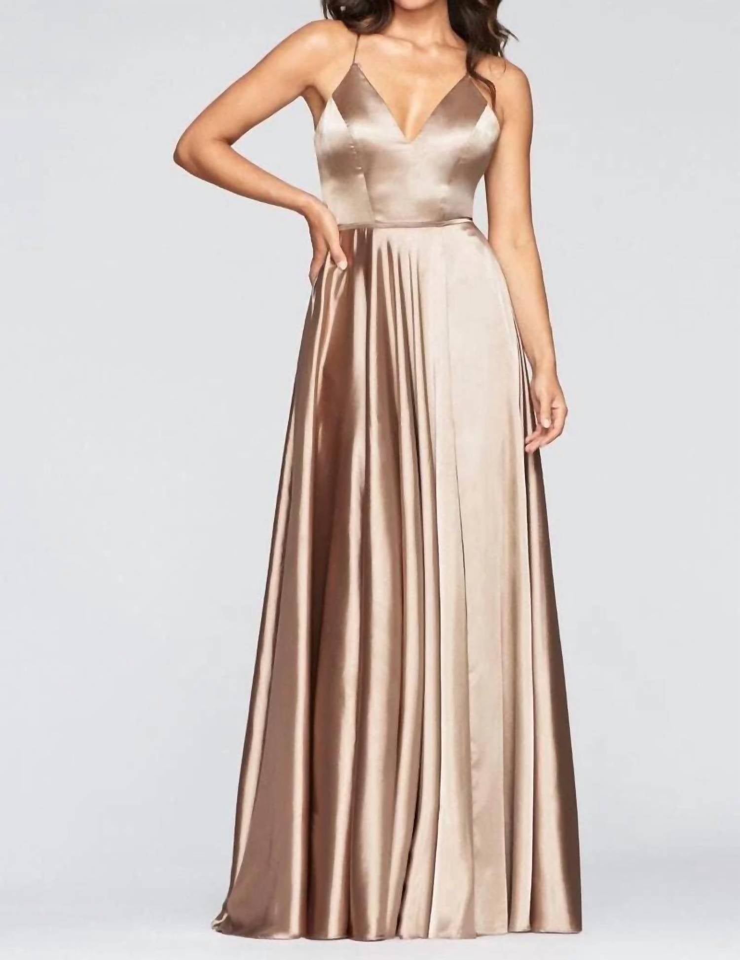 FAVIANA Charmeuse V-Neck Dress with Lace Up Back in mocha - women's dress - detail view
