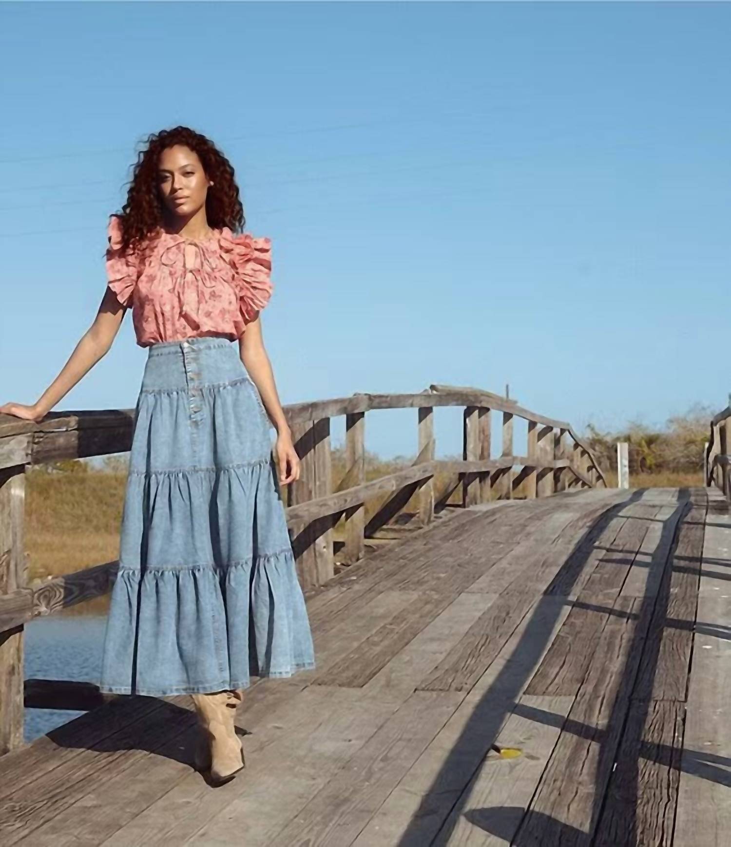 Elan - Tiered Denim Ruffle Skirt