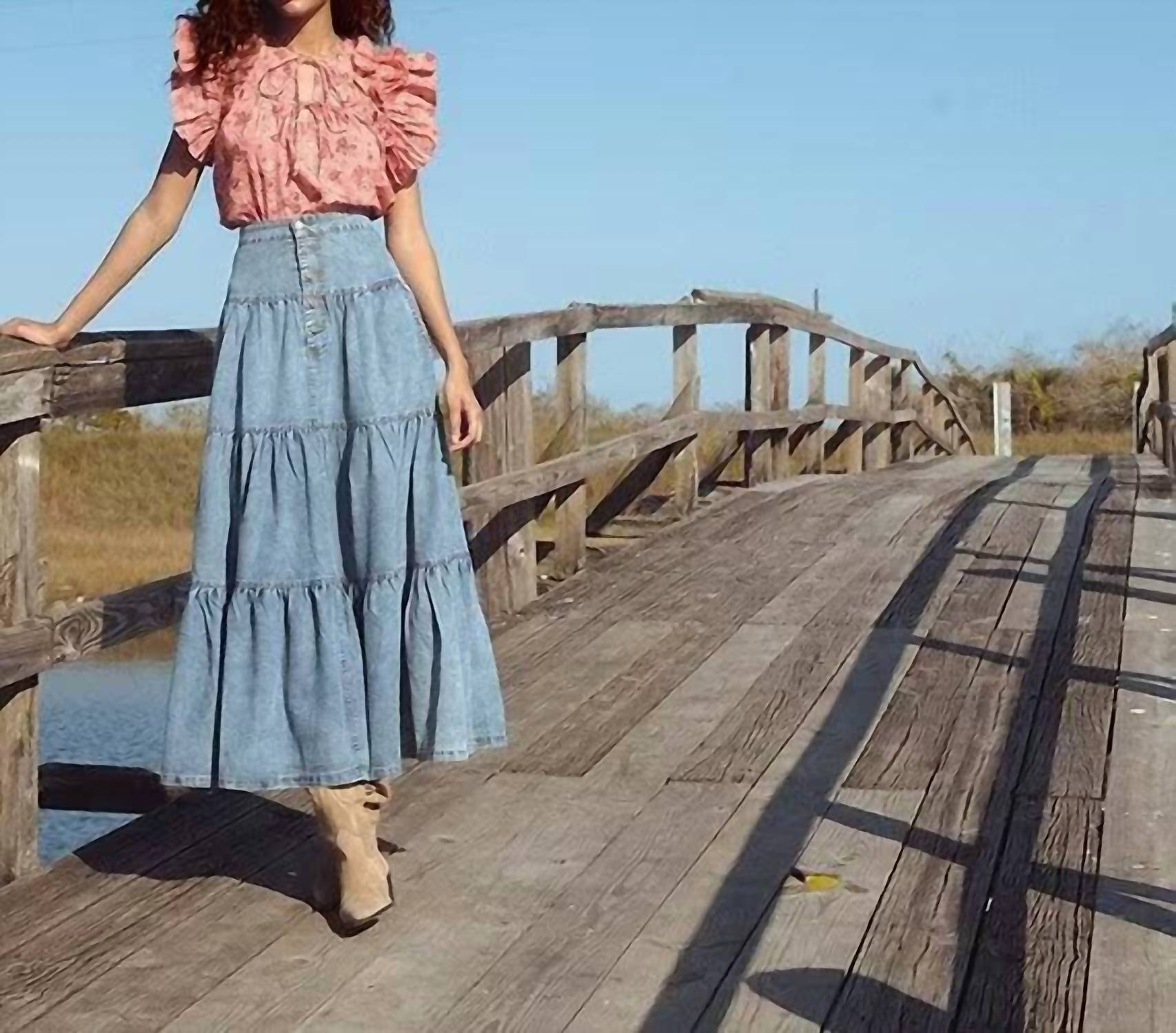 Elan - Tiered Denim Ruffle Skirt