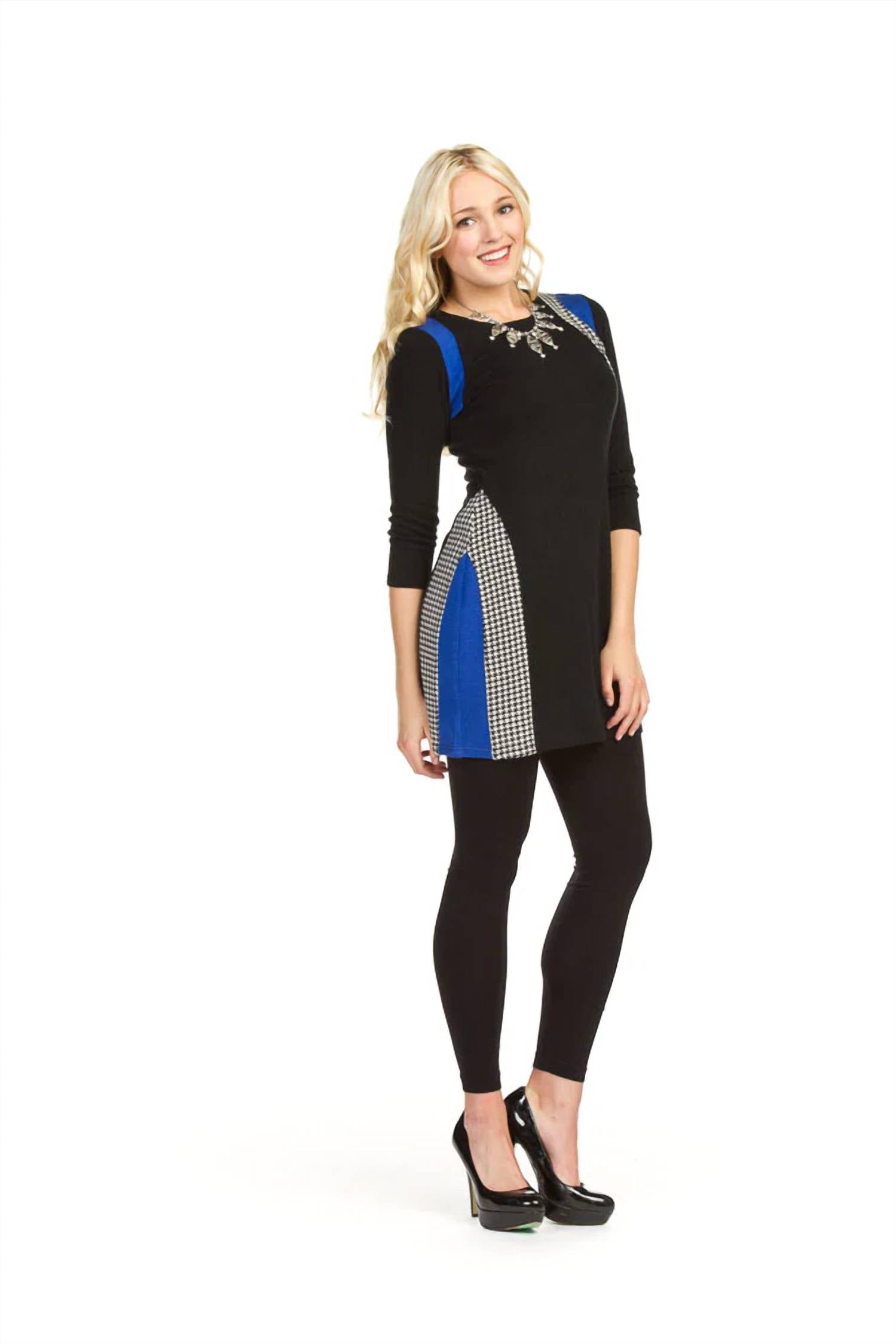 Papillon - Color Block Houndstooth 3/4 Sleeve Dress