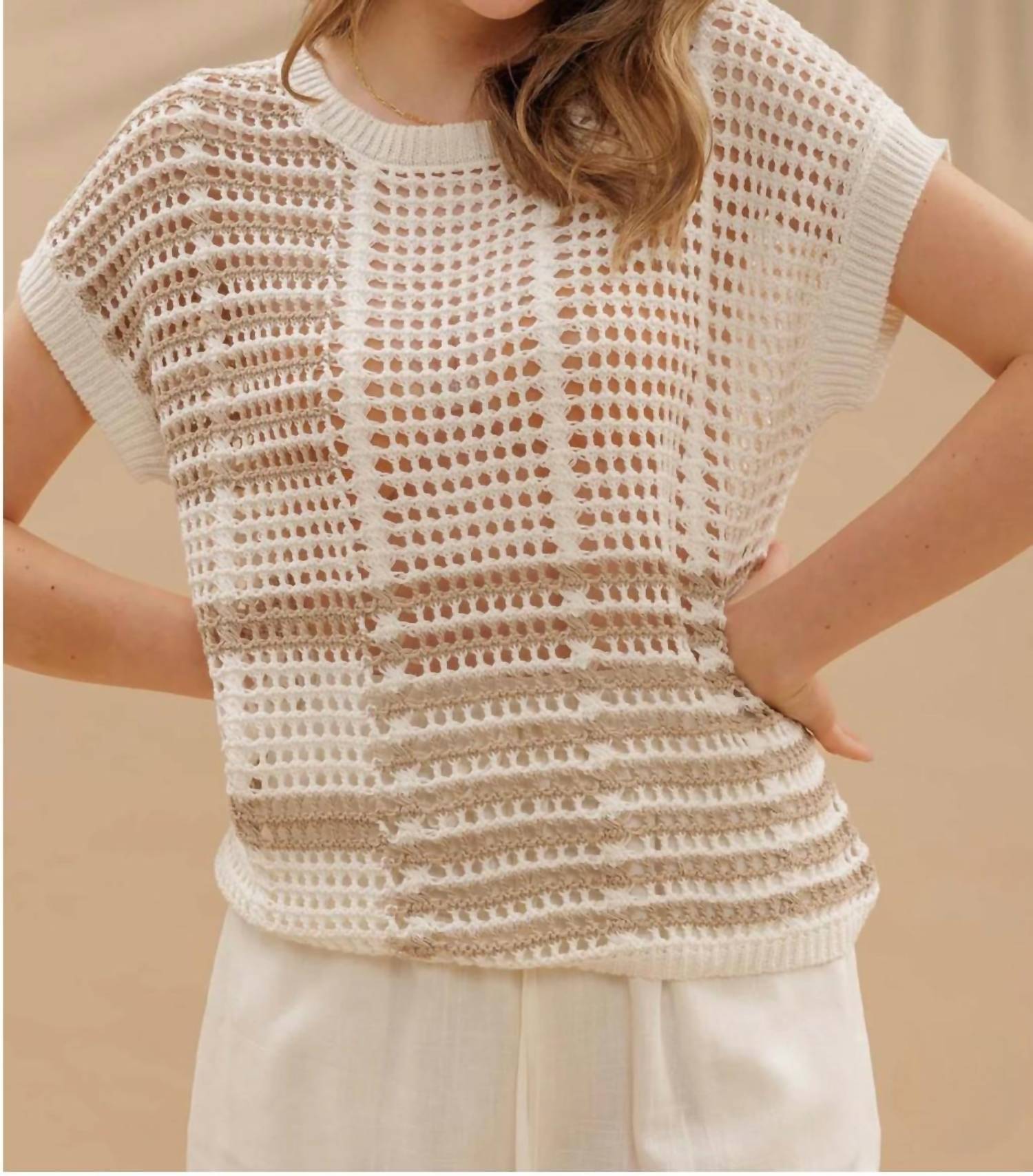 Blu Pepper - Carlie Stripe Crochet Short Sleeve Top