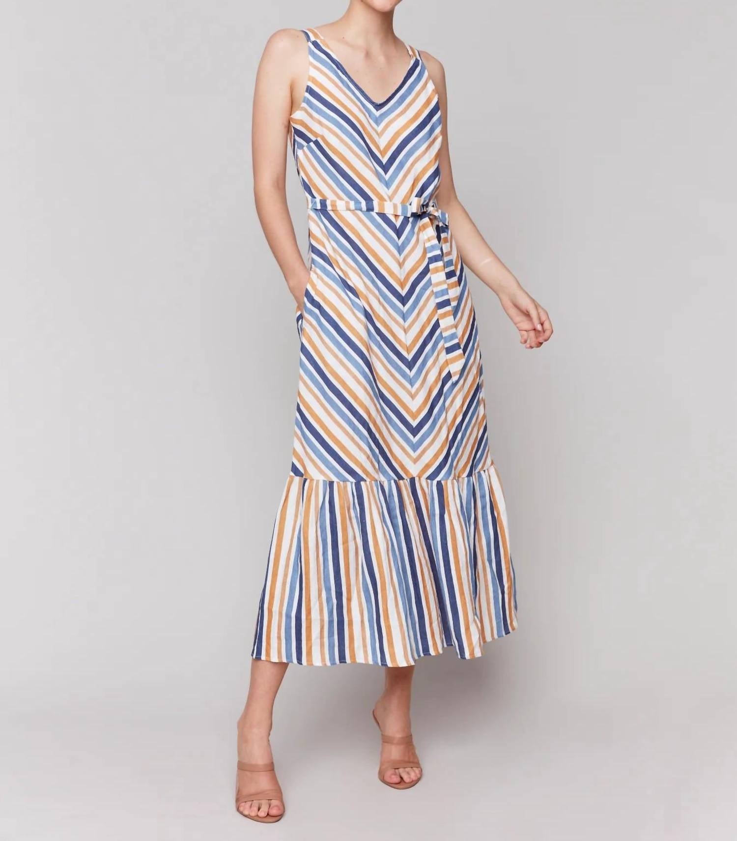 Charlie B - Striped Linen Blend Maxi Dress With Sash