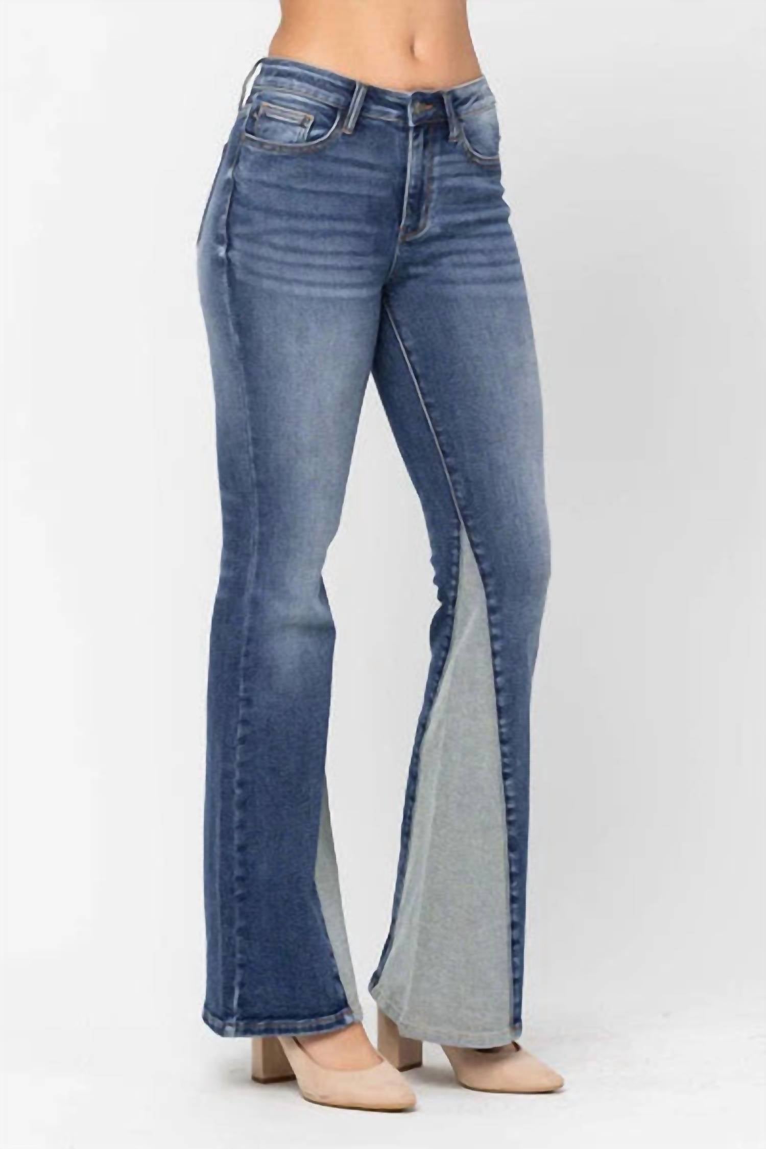 Judy Blue Mid Rise Inseam Panel Flare Jeans in blue - women's jeans