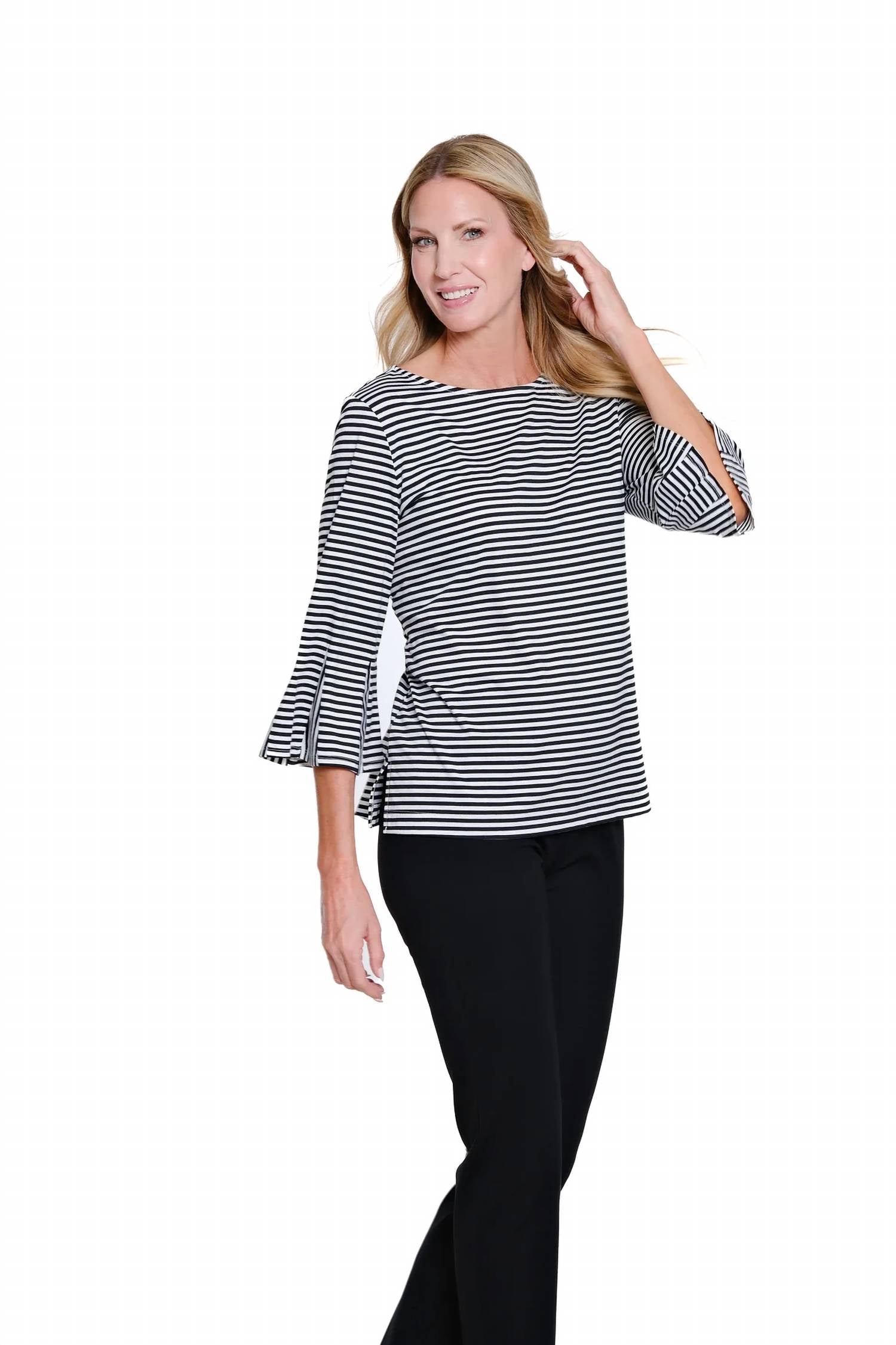 Multiples - 3/4 Flounce and Godet Sleeve Boat Neck Top