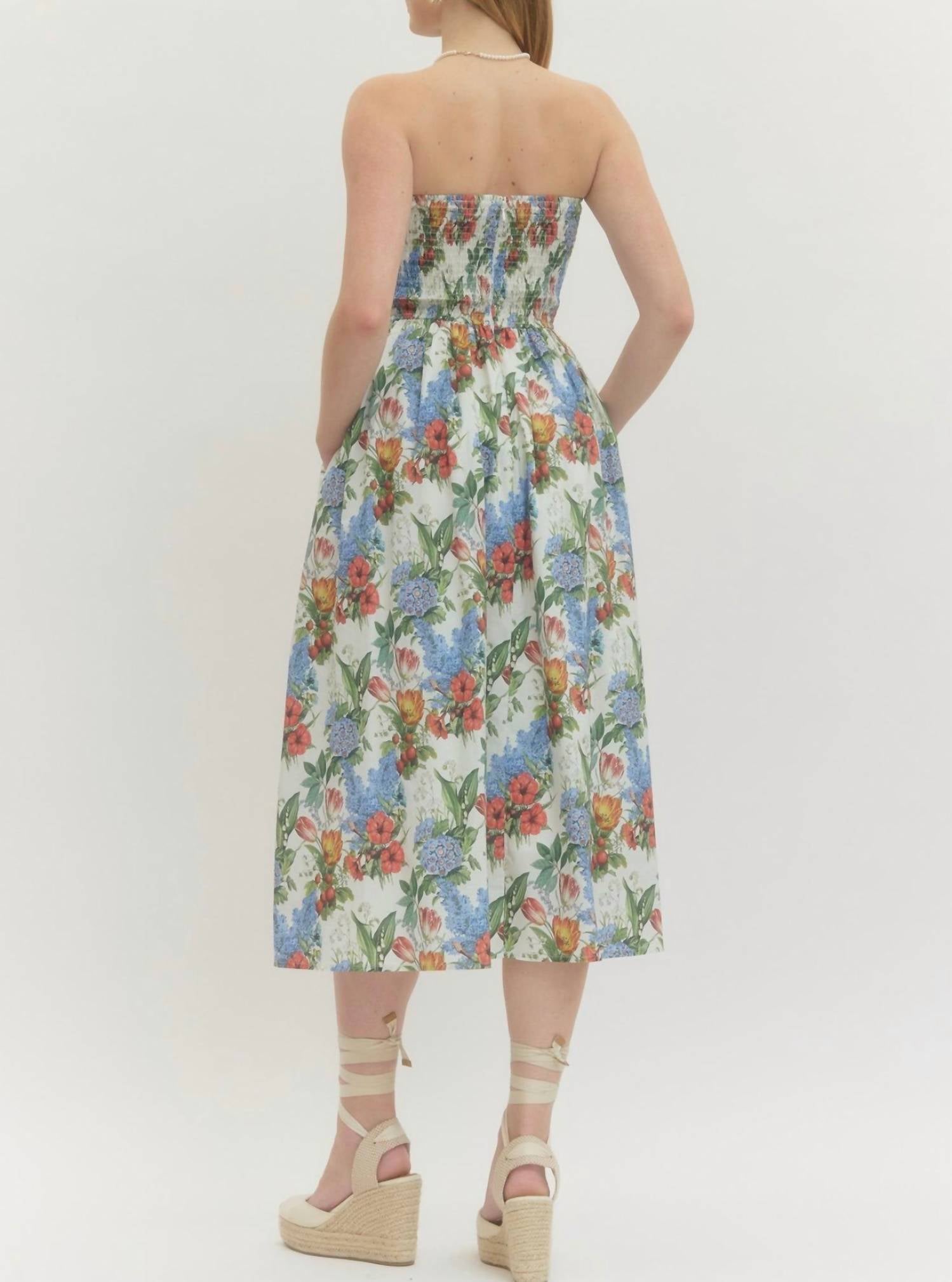 entro Floral Fun Strapless Dress in beige - women's dress - detail view