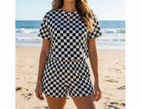 Aapparella - Checkerboard Top And High Waist Skort Set