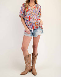 Easel Bohemian Paisley Print Tassel Front Top in blush red - women's t-shirt