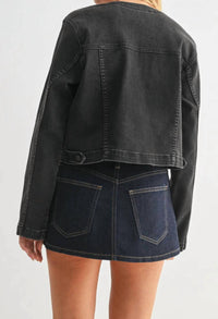 JUST USA Women's Collarless Denim Jacket in black - women's jacket - detail view