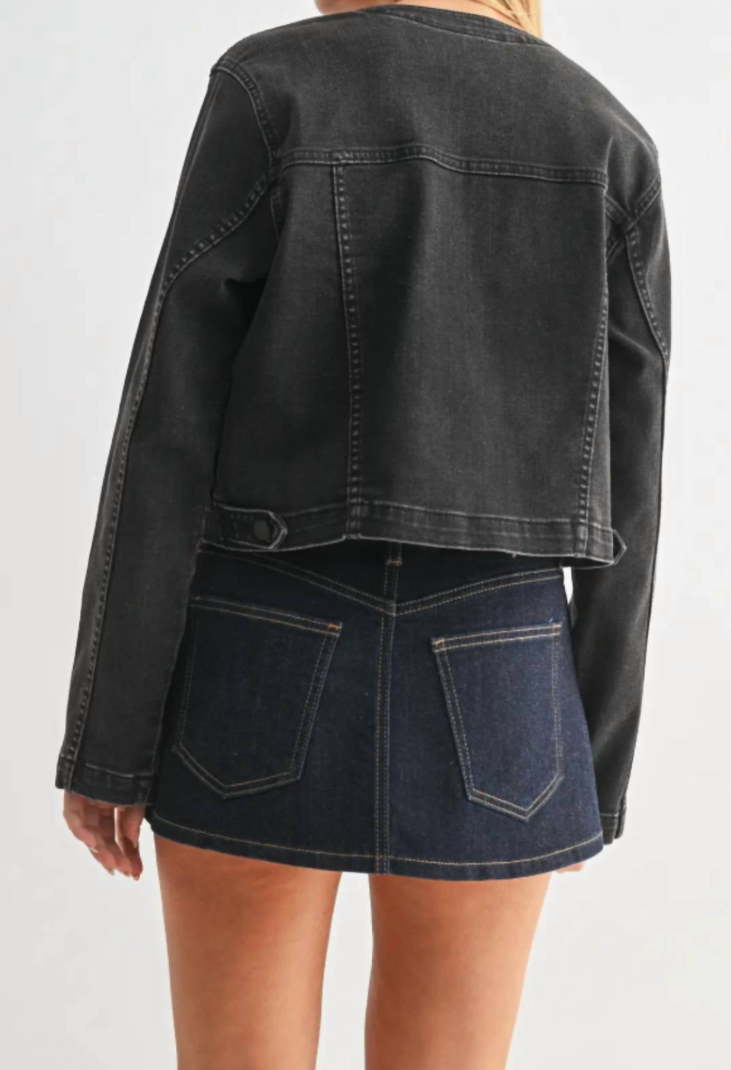 JUST USA Women's Collarless Denim Jacket in black - women's jacket - detail view
