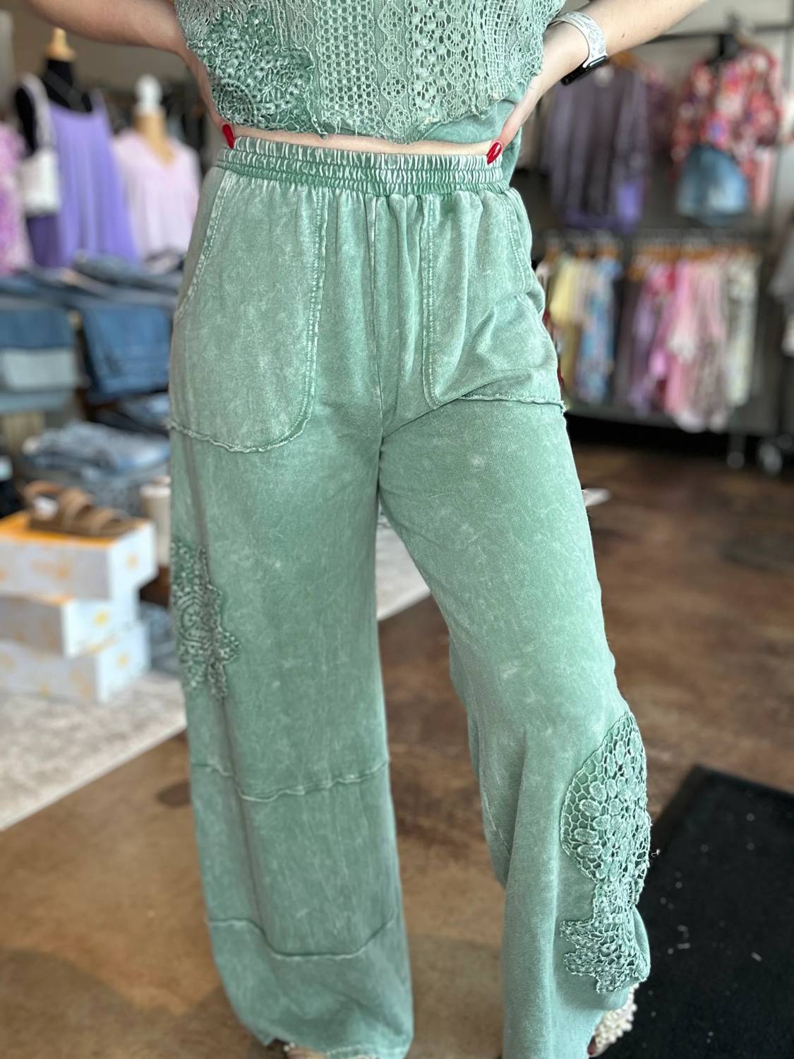 J. Her - Mineral Washed Doily Detail Wide Leg Pants