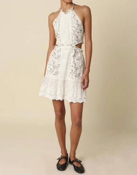 Olivaceous - Elara Embroidered Halter Mini Dress