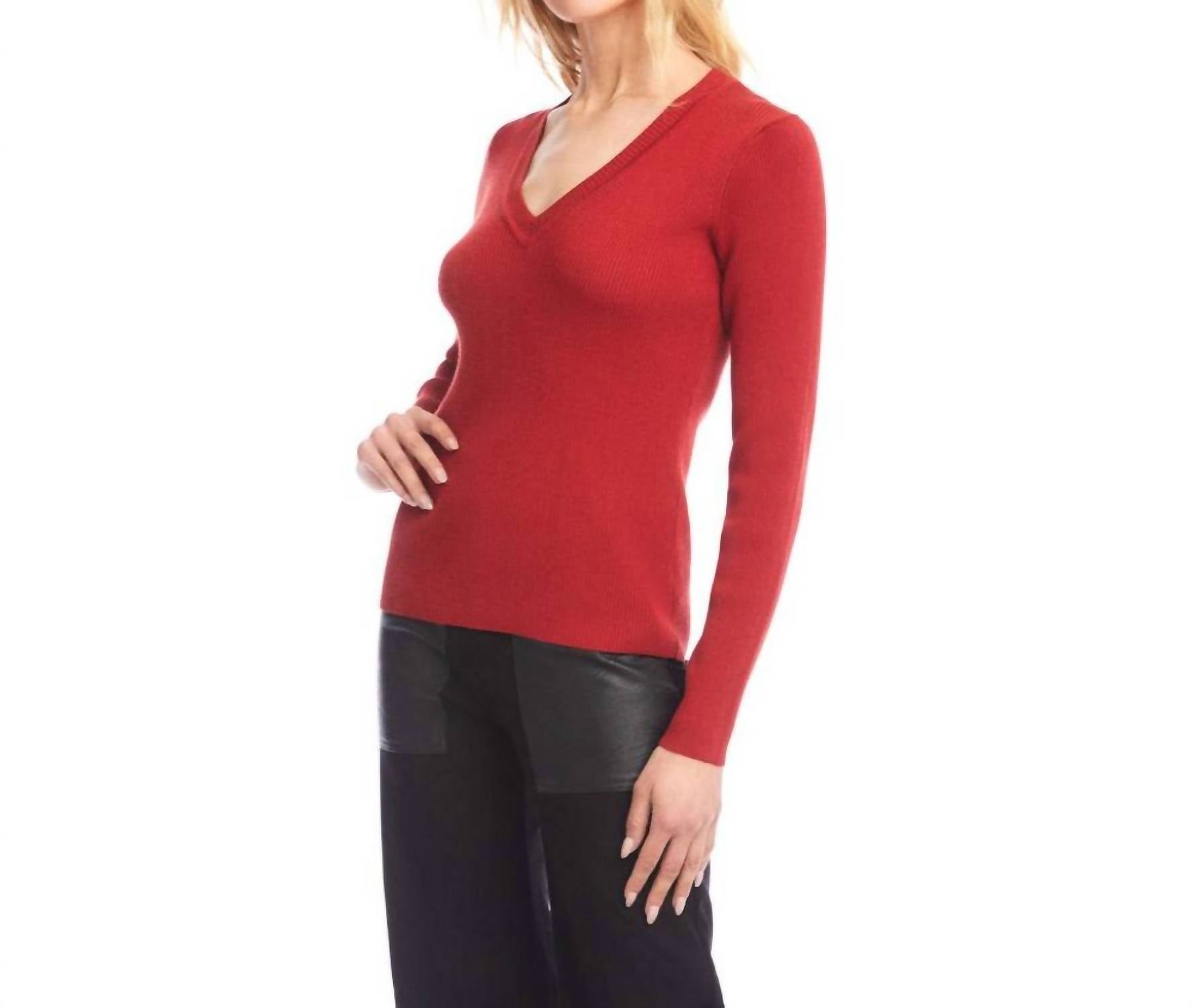 Karen Kane Ribbed V-Neck Sweater in tomato - women's sweater - alternate view