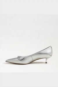 Sam Edelman Women's Kaya Pointed Toe Kitten Heel Pump in soft silver metallic - women's heels - detail view