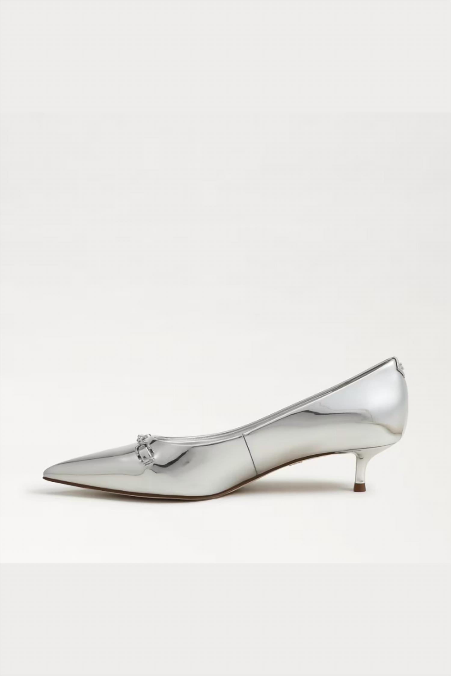 Sam Edelman Women's Kaya Pointed Toe Kitten Heel Pump in soft silver metallic - women's heels - detail view