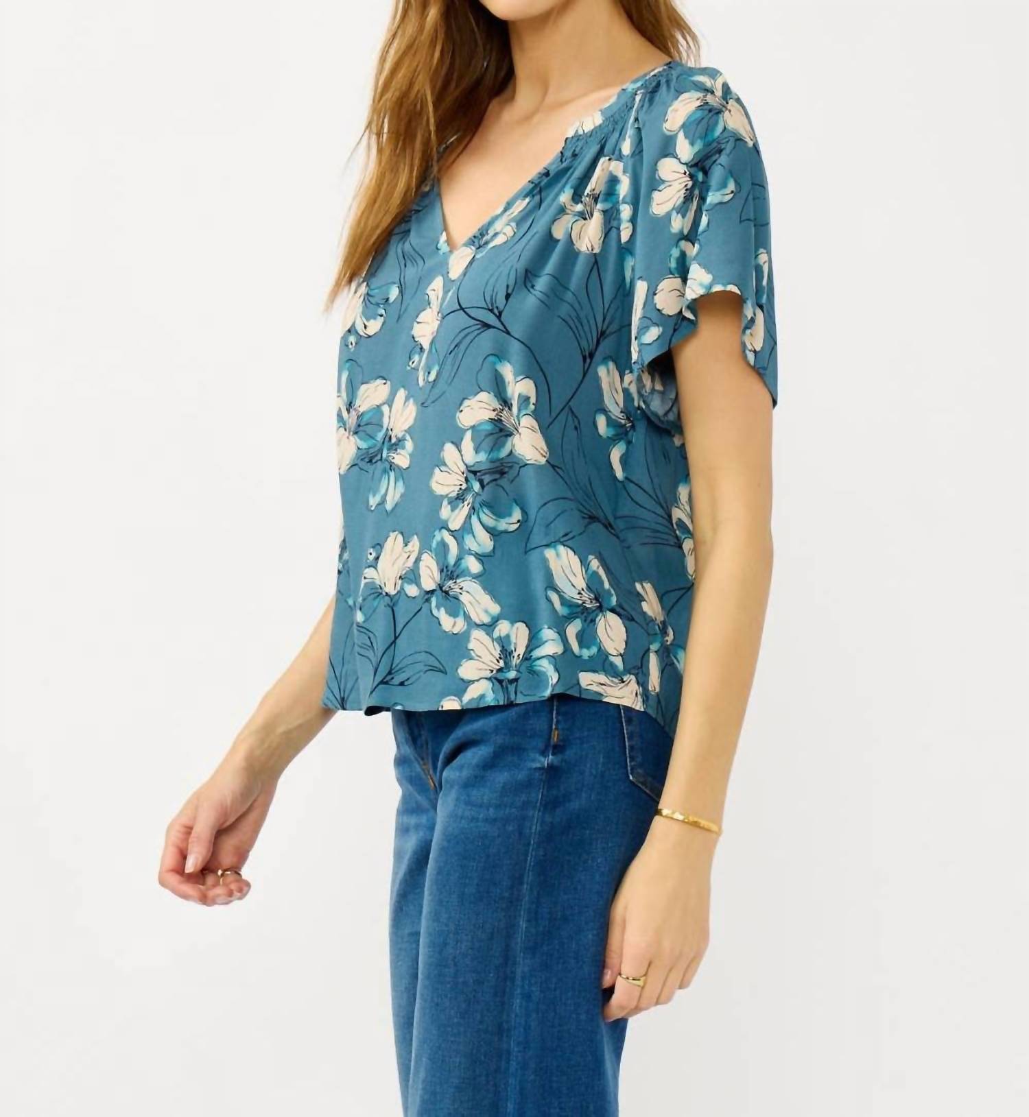 Lovestitch - Finley Floral Shirred Split Neck Top