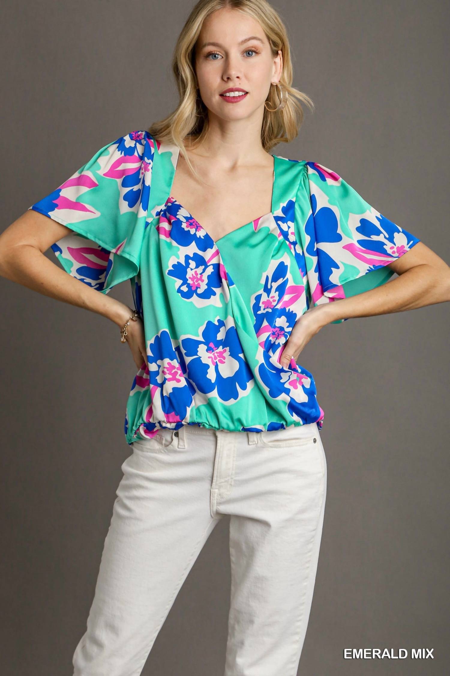 Umgee - Floral Print Surplice Short Sleeve Wrap Top
