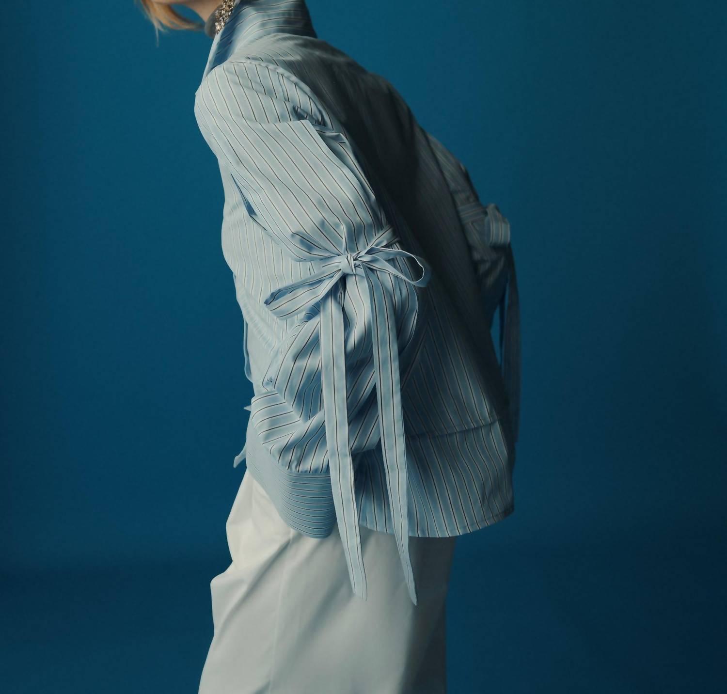 Kika Vargas Park Classic Long Sleeve Shirt in blue stripes poplin - women's long sleeve top - detail view