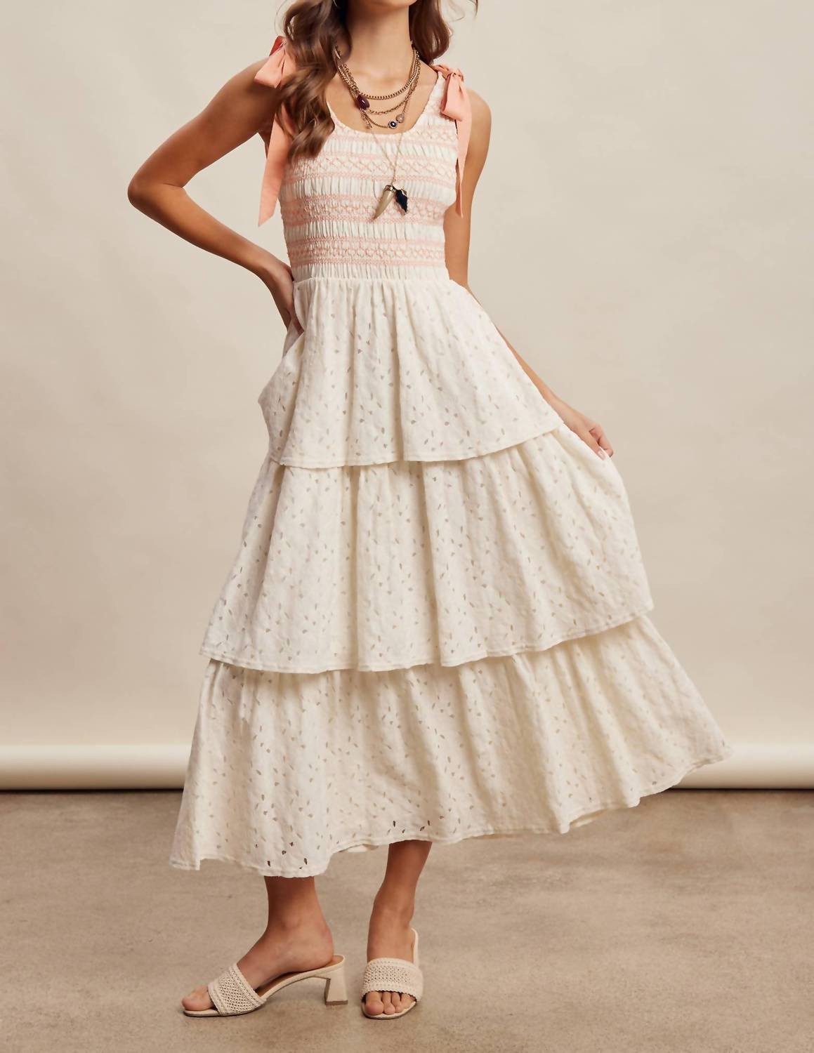Listicle - Smocked Tie Shoulder Lace Maxi Dress