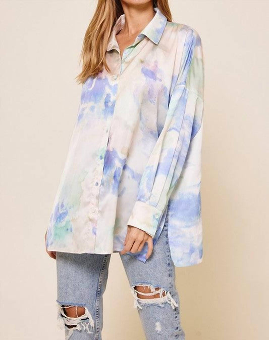 Ces Femme - Monica Tie Dye Print Boyfriend Satin Shirt and Matching Crop Top