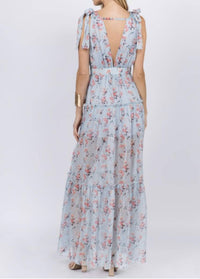 Fanco - Baby Blue Floral Deep V-neck Flowing Maxi Dress