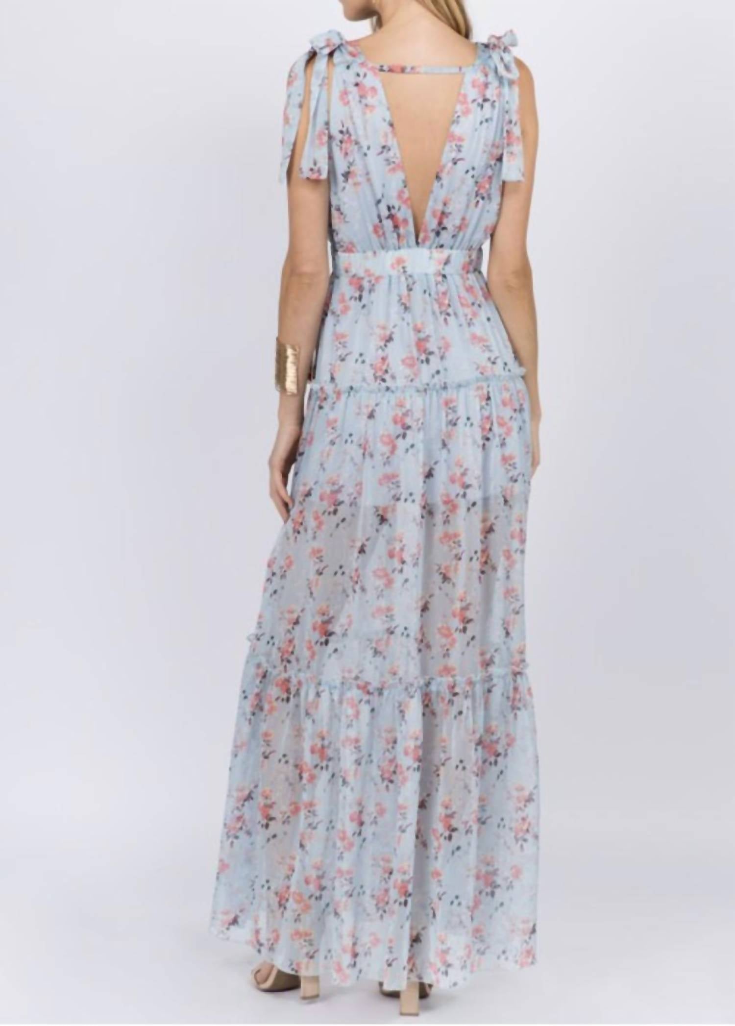 Fanco - Baby Blue Floral Deep V-neck Flowing Maxi Dress