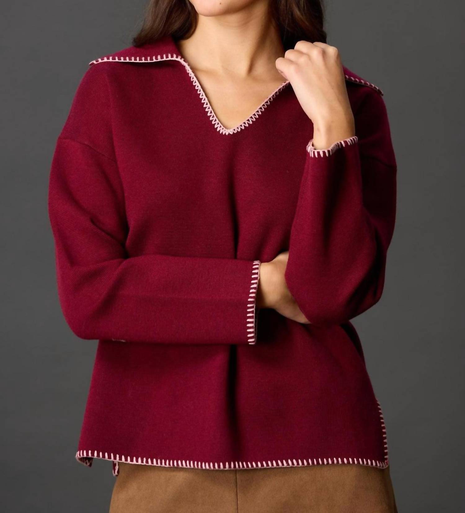Before You - Blanket Stitch V-neck Sweater