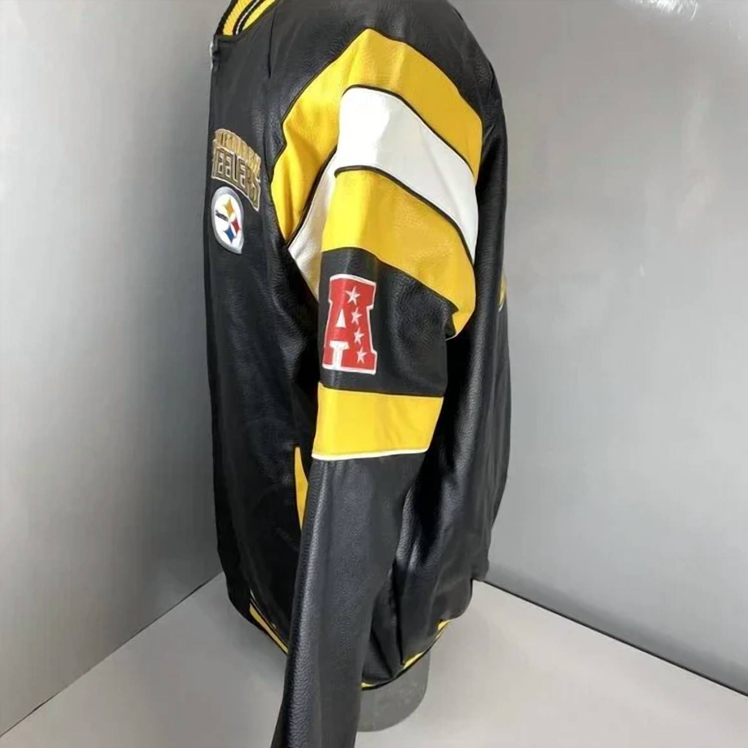 G-III Men’s Nfl Pittsburgh Steelers Faux Leather Varsity Jacket in black yellow - men's jacket - view 4