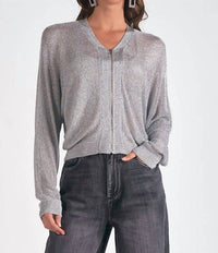 ELAN Women's Metallic Zip Up Cardigan in silver - women's cardigan