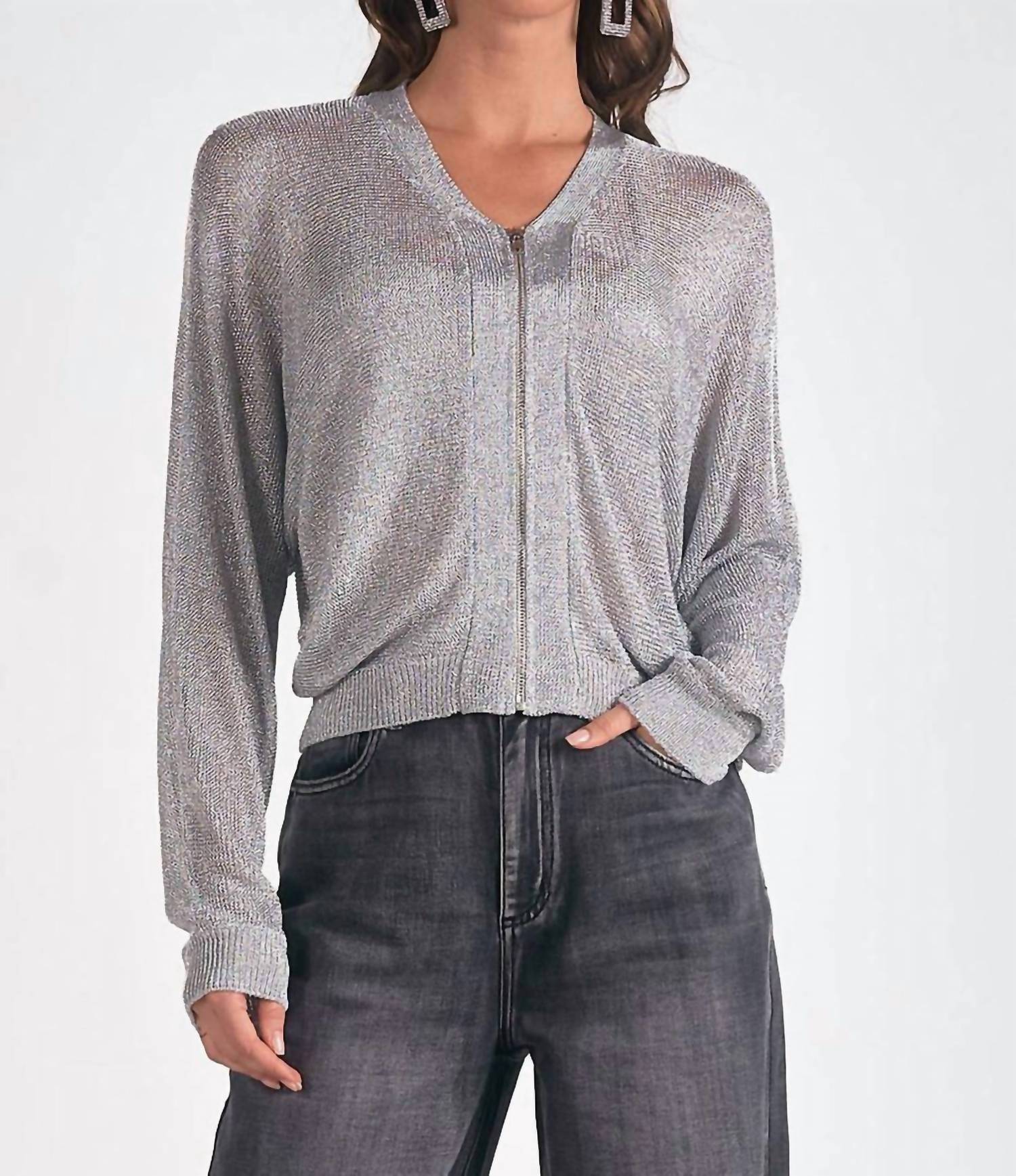 ELAN Women's Metallic Zip Up Cardigan in silver - women's cardigan