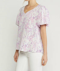 entro Watercolor Puff Sleeve Blouse in lilac - women's blouse - detail view