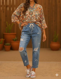 Little Secret Of Mine - Distressed Stretch Fit Balloon Paint Splash Denim Tapper Jean