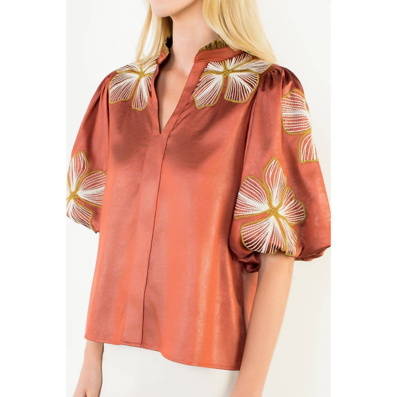 Thml - Shiny High Neck Floral Embroidery Top