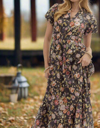 entro Floral Puff Sleeve Midi Dress in chocolate - women's dress - view 5