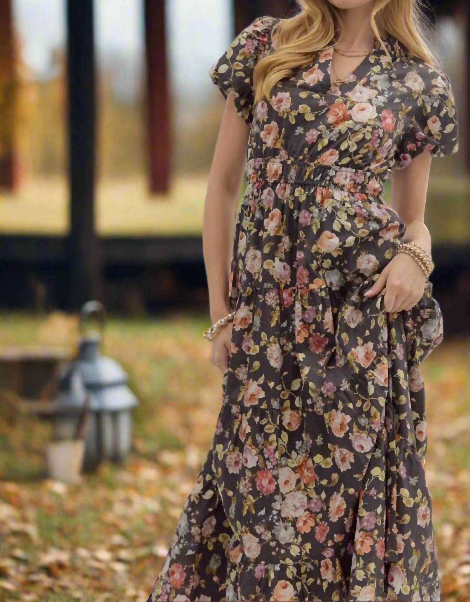 entro Floral Puff Sleeve Midi Dress in chocolate - women's dress - view 5