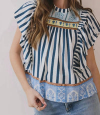 Tcec - Striped Border Print Ruffled Detail Top