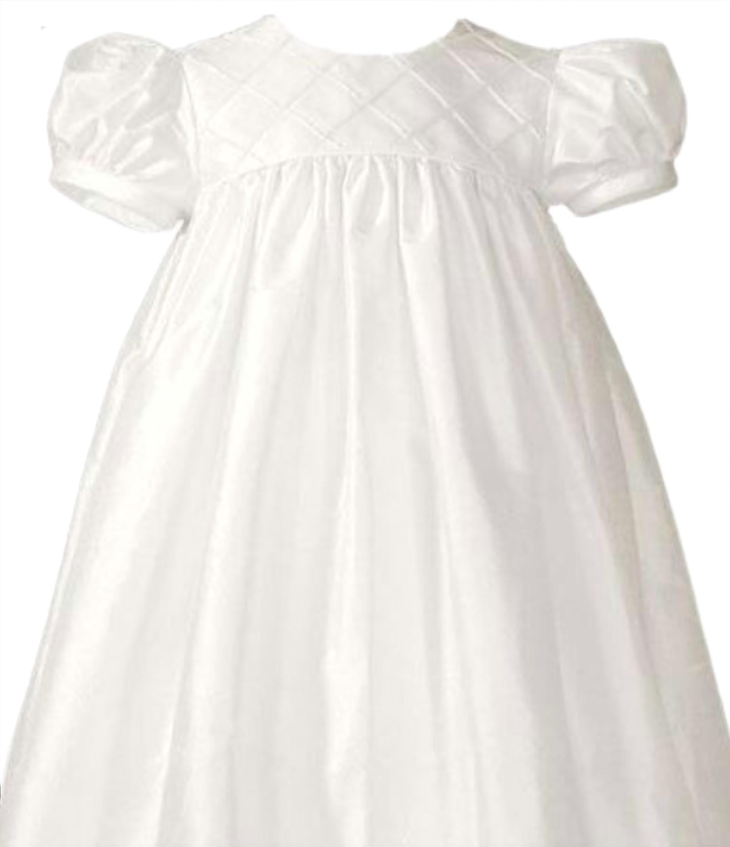 Little Things Mean a Lot Girl's Silk Dupioni Christening Baptism Gown With Lattice Bodice in white - kids' dress - detail view