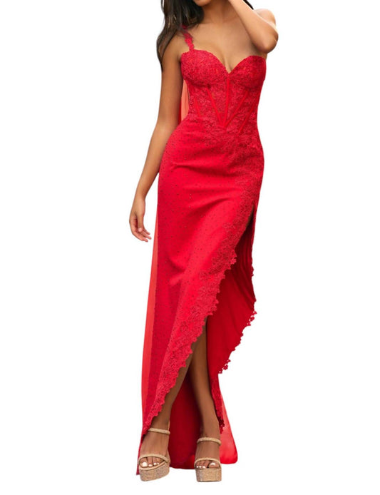 Sherri Hill - One Shoulder Scuba Lace Prom Dress With Cape