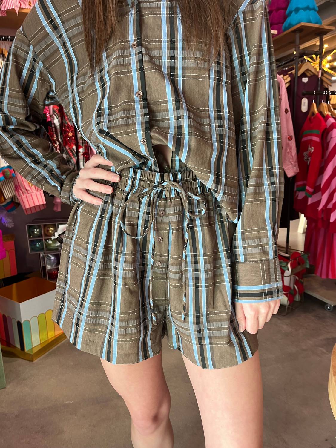 Aureum Plaid With Tie Boxer Shorts in brown - women's shorts - detail view