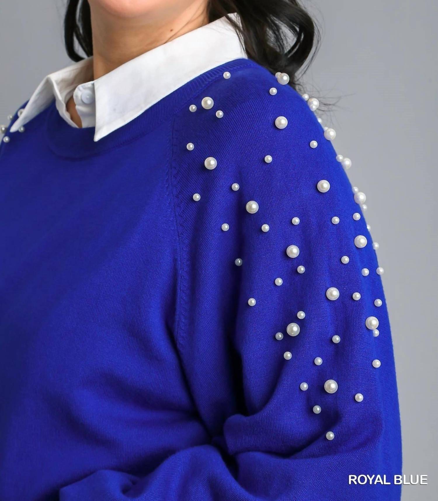 Round Neck Pullover Sweater With Long Sleeve Pearl Details