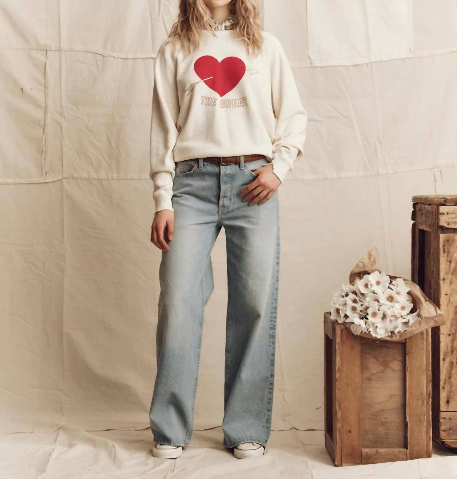 THE GREAT. College Sweatershirt With Heart Graphic in washed white with red - women's top - view 5