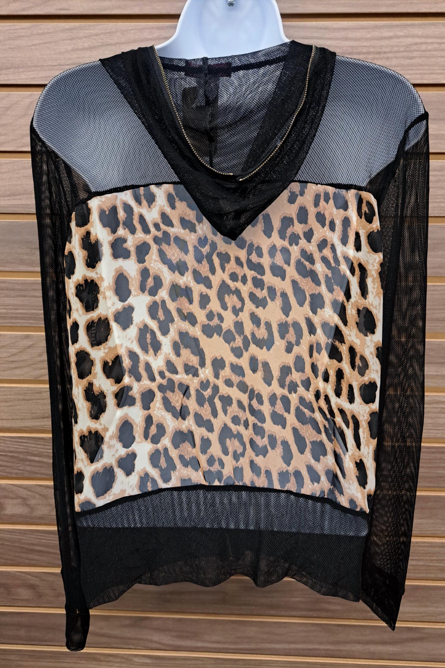 Pinklicious - Women's Leopard Chiffon Black Mesh Zip Up Jacket